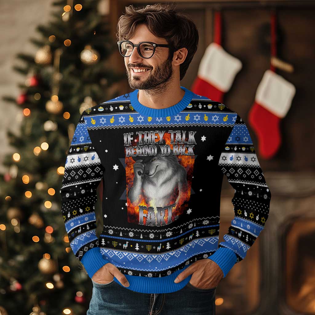 Funny Alpha Wolf Hanukkah Ugly Sweater Meme If They Talk Behind Your Back Fart Bootleg - Wonder Print Shop