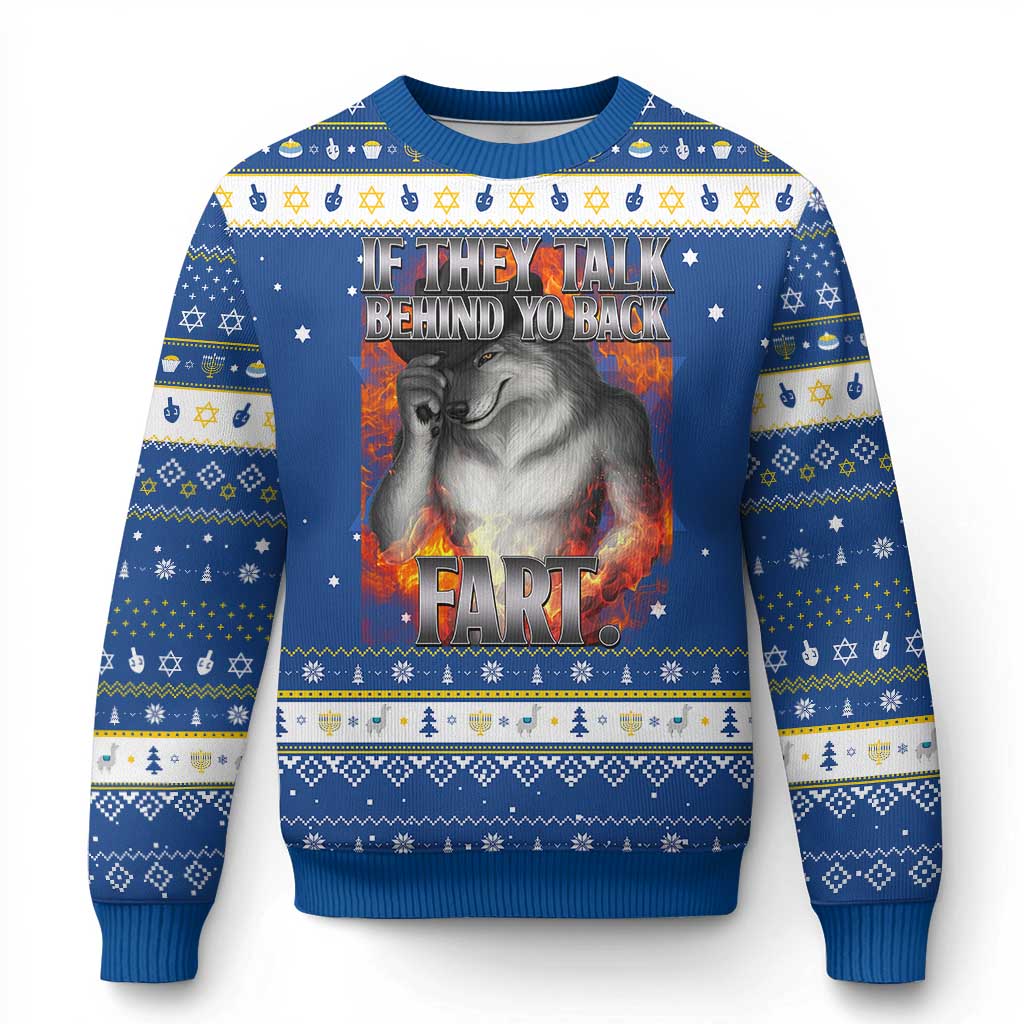 Funny Alpha Wolf Hanukkah Ugly Sweater Meme If They Talk Behind Your Back Fart Bootleg - Wonder Print Shop
