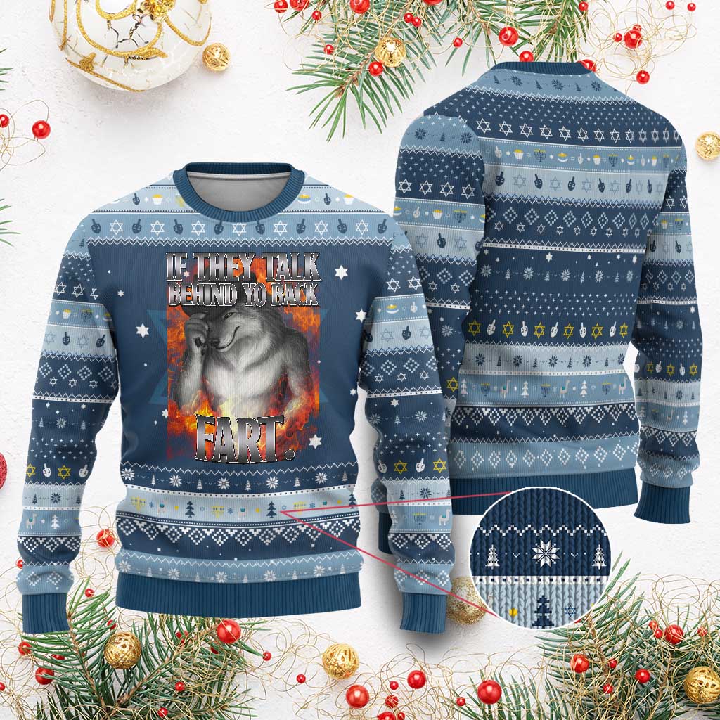 Funny Alpha Wolf Hanukkah Ugly Sweater Meme If They Talk Behind Your Back Fart Bootleg - Wonder Print Shop