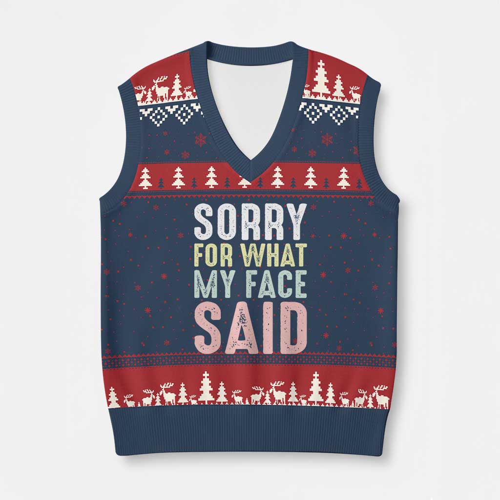 Sorry for What My Face Said V-Neck Knit Sweater Vest Retro Funny Mood Sarcastic Resting Face - Wonder Print Shop