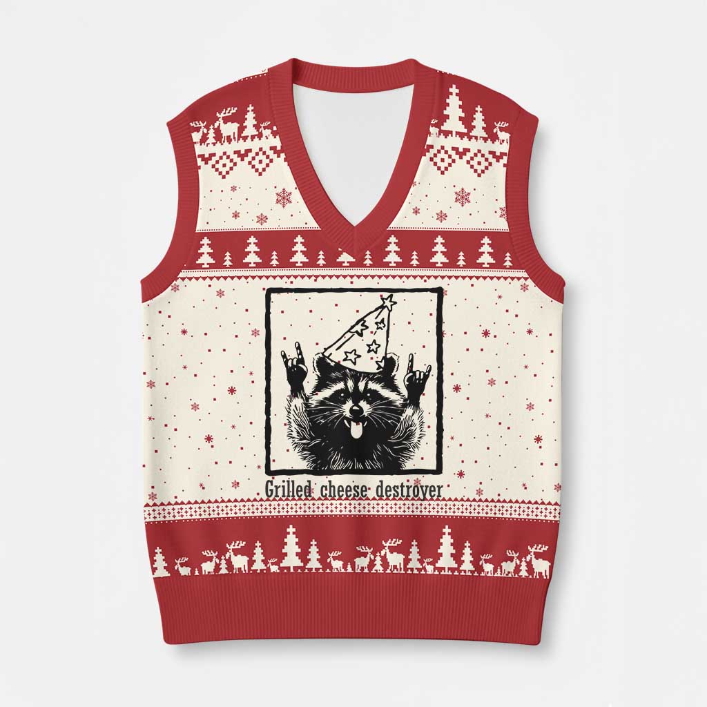 Vintage Raccoon V-Neck Knit Sweater Vest Retro Silly Trash Panda Meme - Wonder Print Shop