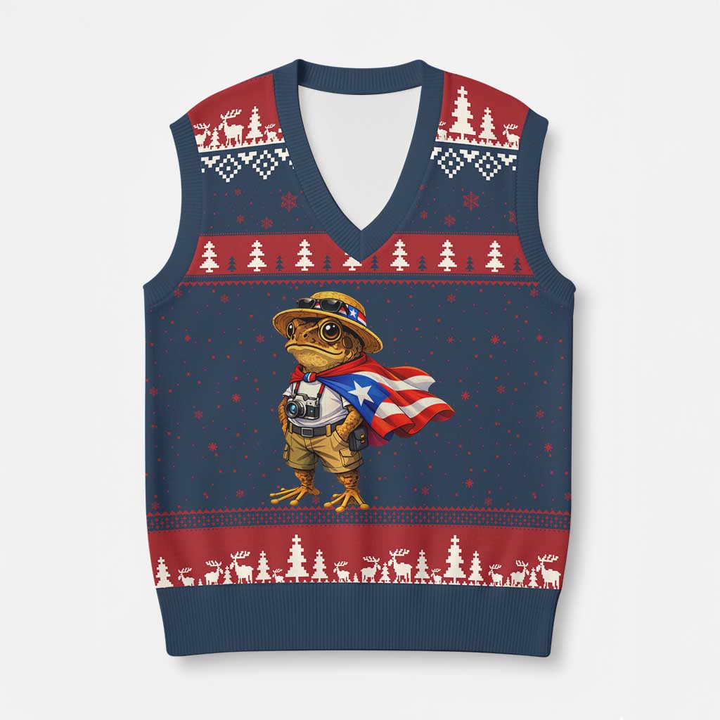 Coqui Frog Puerto Rico Flag V-Neck Knit Sweater Vest Puerto Rican Taino Boricua Vibes