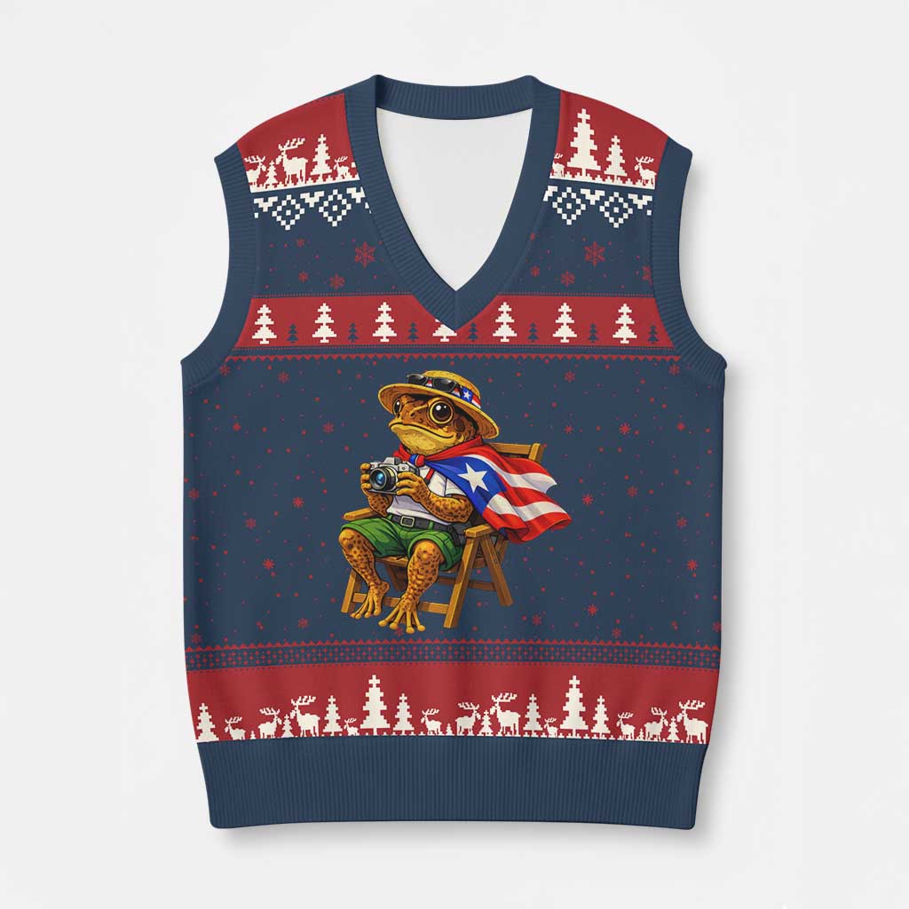 Funny Coqui Frog Puerto Rico Flag V-Neck Knit Sweater Vest Puerto Rican Taino Boricua Hispanic