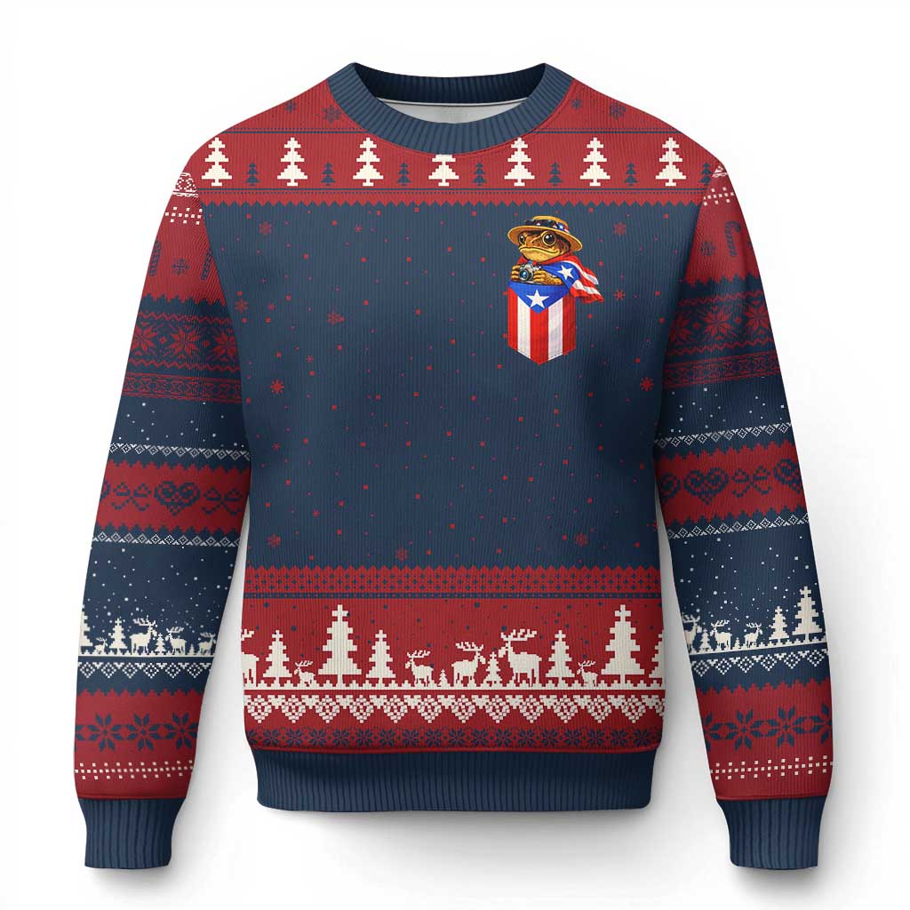 Funny Coqui Frog Puerto Rico Flag Ugly Christmas Sweater Puerto Rican Taino Buricua Pocket Borinquen