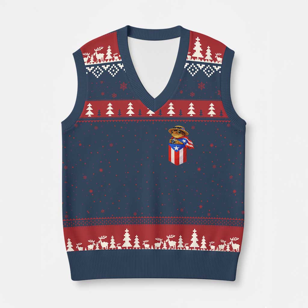 Funny Coqui Frog Puerto Rico Flag V-Neck Knit Sweater Vest Puerto Rican Taino Buricua Pocket Borinquen