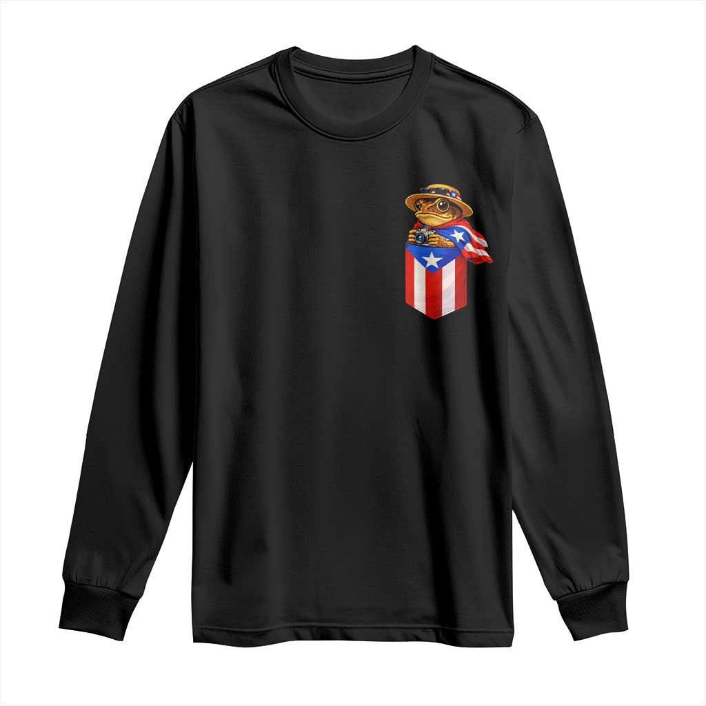 Funny Coqui Frog Puerto Rico Flag Long Sleeve Shirt Puerto Rican Taino Buricua Pocket Borinquen