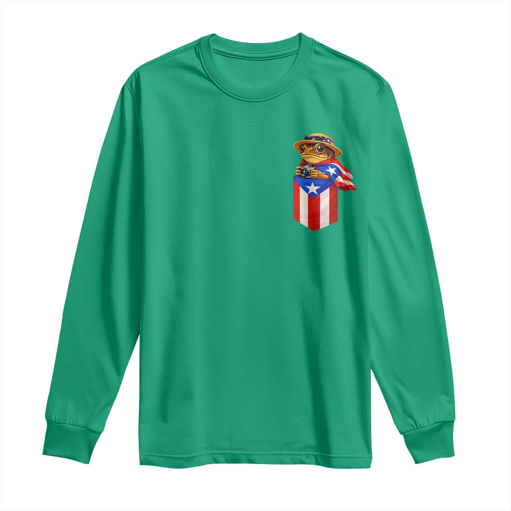 Funny Coqui Frog Puerto Rico Flag Long Sleeve Shirt Puerto Rican Taino Buricua Pocket Borinquen