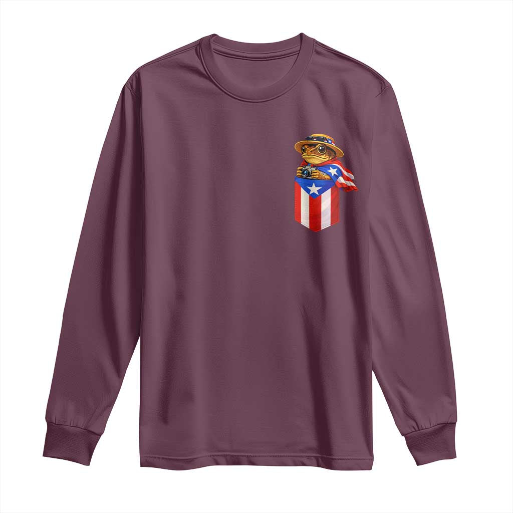 Funny Coqui Frog Puerto Rico Flag Long Sleeve Shirt Puerto Rican Taino Buricua Pocket Borinquen
