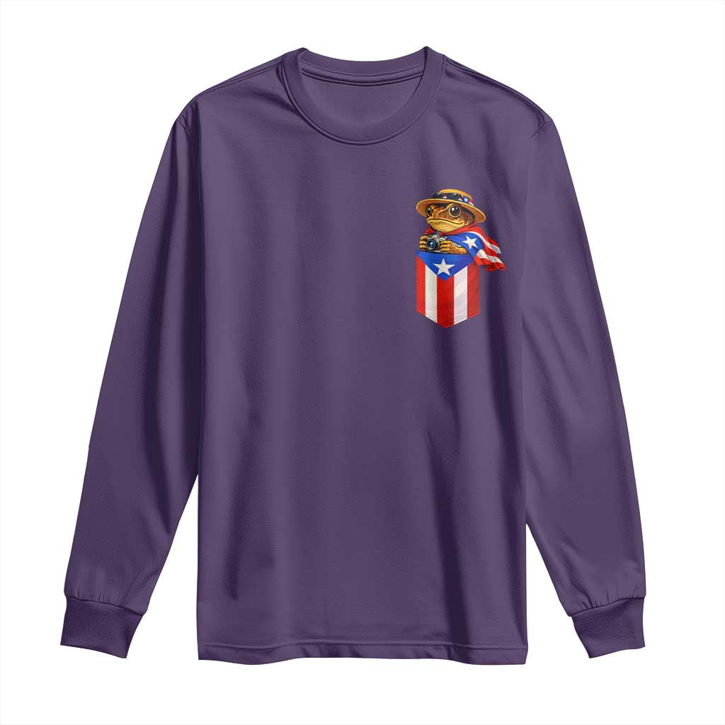 Funny Coqui Frog Puerto Rico Flag Long Sleeve Shirt Puerto Rican Taino Buricua Pocket Borinquen