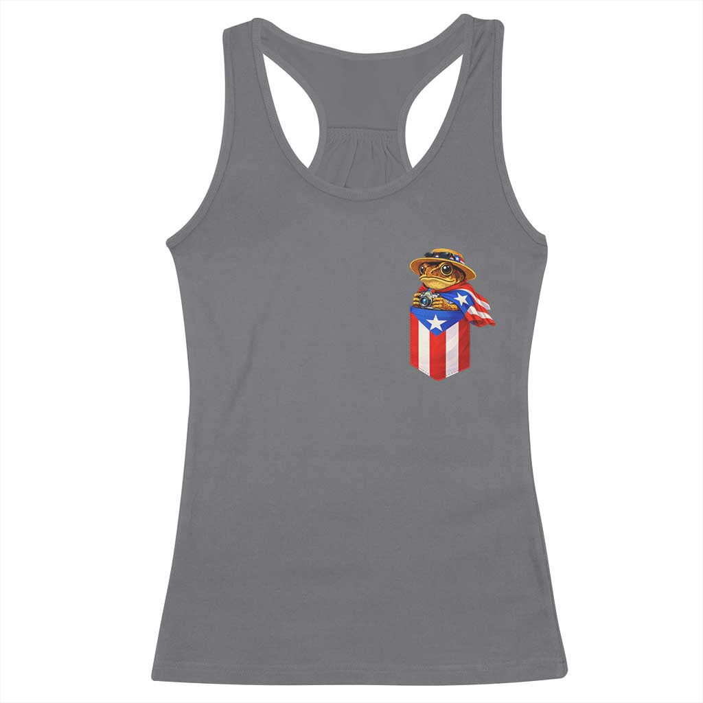 Funny Coqui Frog Puerto Rico Flag Racerback Tank Top Puerto Rican Taino Buricua Pocket Borinquen