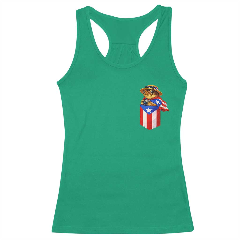 Funny Coqui Frog Puerto Rico Flag Racerback Tank Top Puerto Rican Taino Buricua Pocket Borinquen