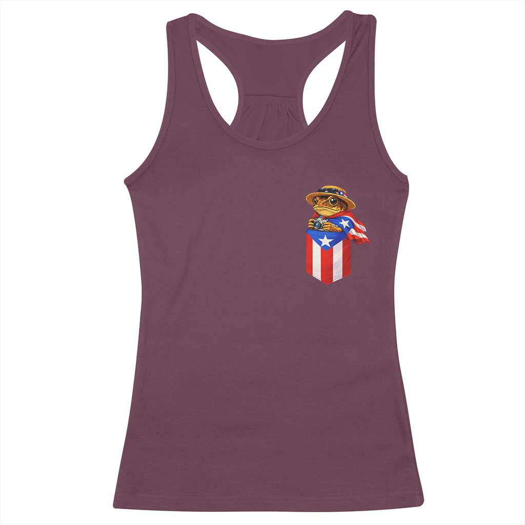 Funny Coqui Frog Puerto Rico Flag Racerback Tank Top Puerto Rican Taino Buricua Pocket Borinquen