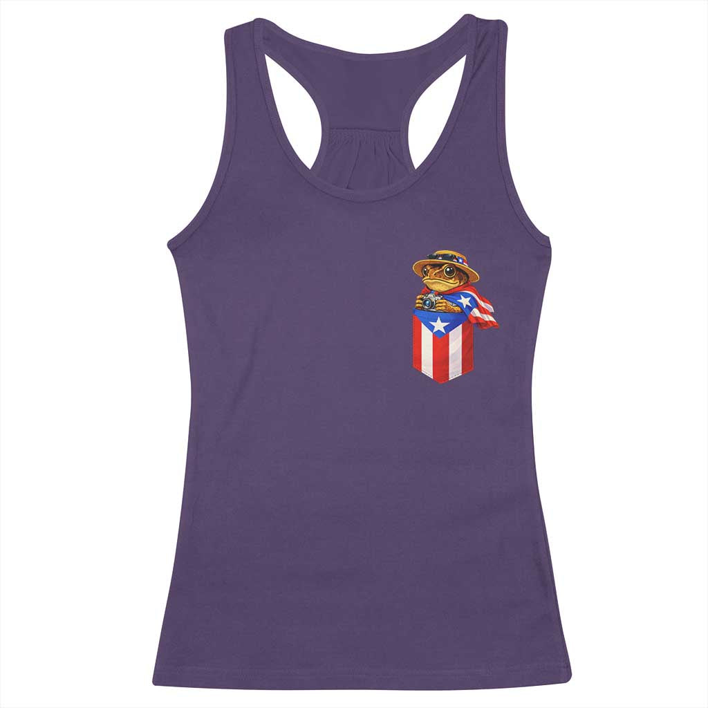 Funny Coqui Frog Puerto Rico Flag Racerback Tank Top Puerto Rican Taino Buricua Pocket Borinquen