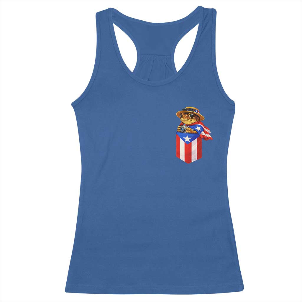 Funny Coqui Frog Puerto Rico Flag Racerback Tank Top Puerto Rican Taino Buricua Pocket Borinquen
