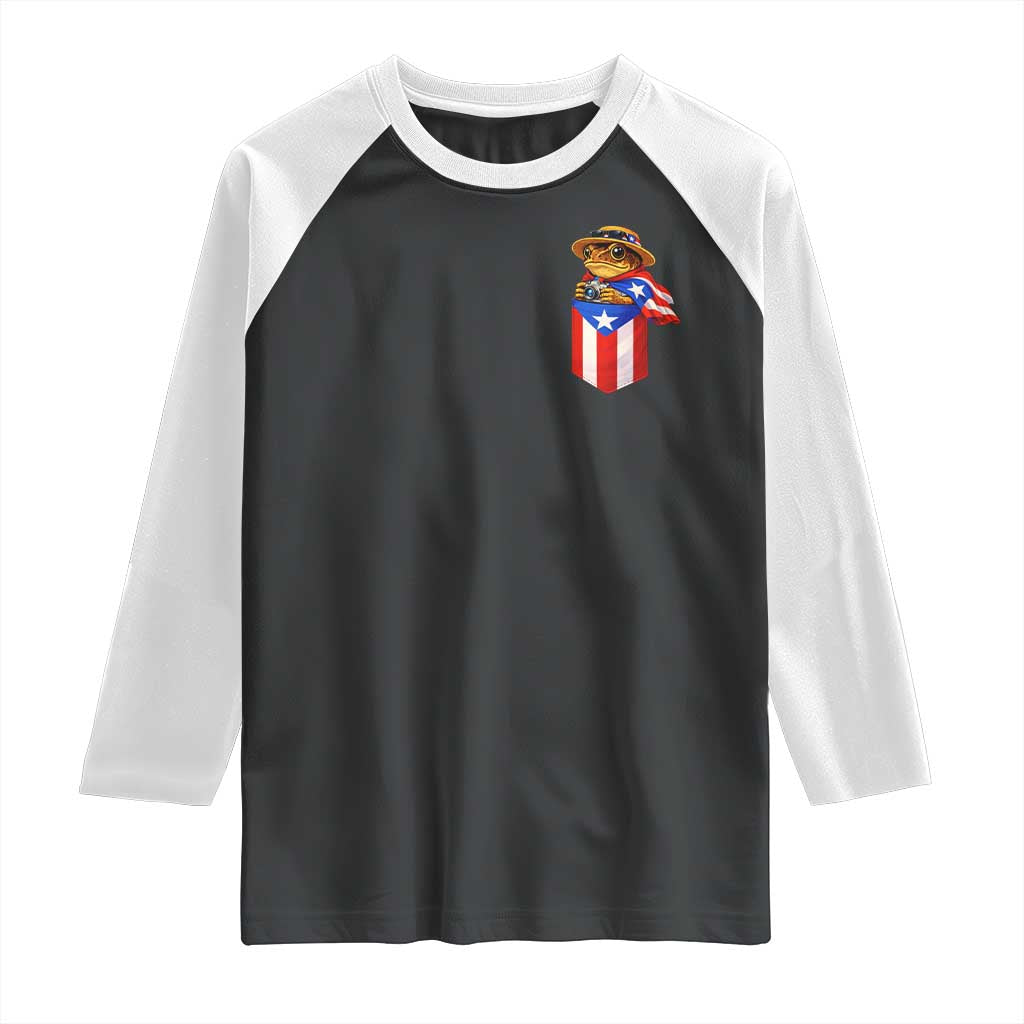 Funny Coqui Frog Puerto Rico Flag Raglan Shirt Puerto Rican Taino Buricua Pocket Borinquen