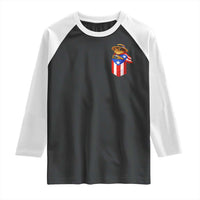 Funny Coqui Frog Puerto Rico Flag Raglan Shirt Puerto Rican Taino Buricua Pocket Borinquen