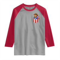 Funny Coqui Frog Puerto Rico Flag Raglan Shirt Puerto Rican Taino Buricua Pocket Borinquen