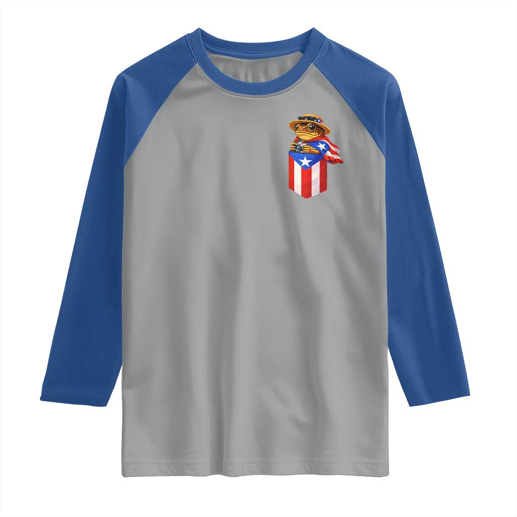 Funny Coqui Frog Puerto Rico Flag Raglan Shirt Puerto Rican Taino Buricua Pocket Borinquen