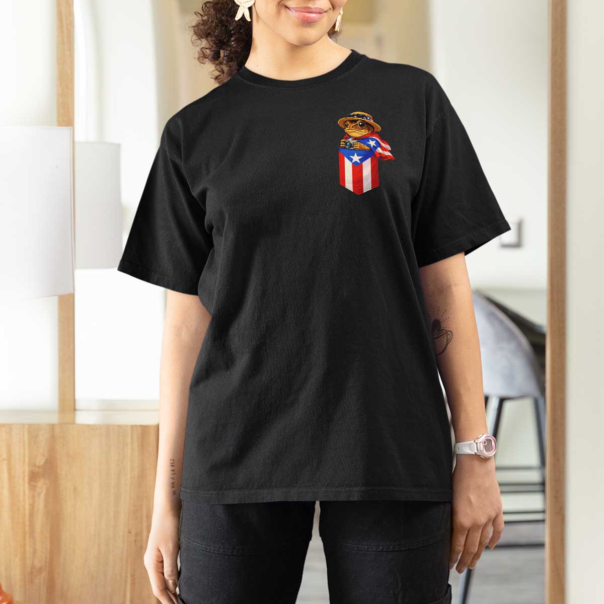 Funny Coqui Frog Puerto Rico Flag T Shirt For Women Puerto Rican Taino Buricua Pocket Borinquen