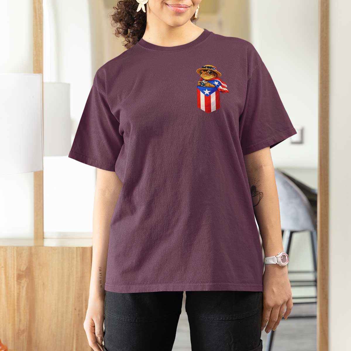 Funny Coqui Frog Puerto Rico Flag T Shirt For Women Puerto Rican Taino Buricua Pocket Borinquen