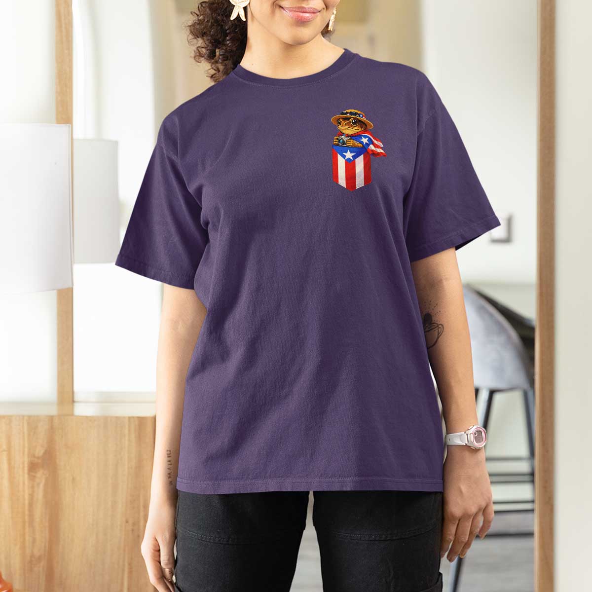 Funny Coqui Frog Puerto Rico Flag T Shirt For Women Puerto Rican Taino Buricua Pocket Borinquen