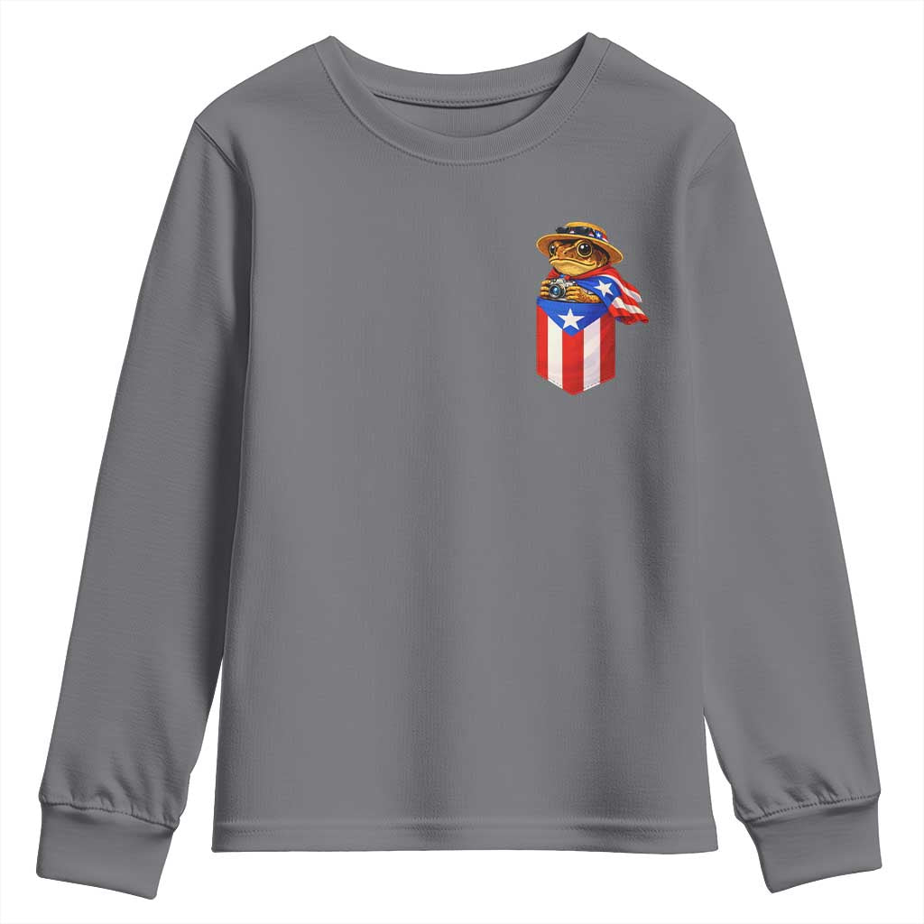 Funny Coqui Frog Puerto Rico Flag Youth Sweatshirt Puerto Rican Taino Buricua Pocket Borinquen