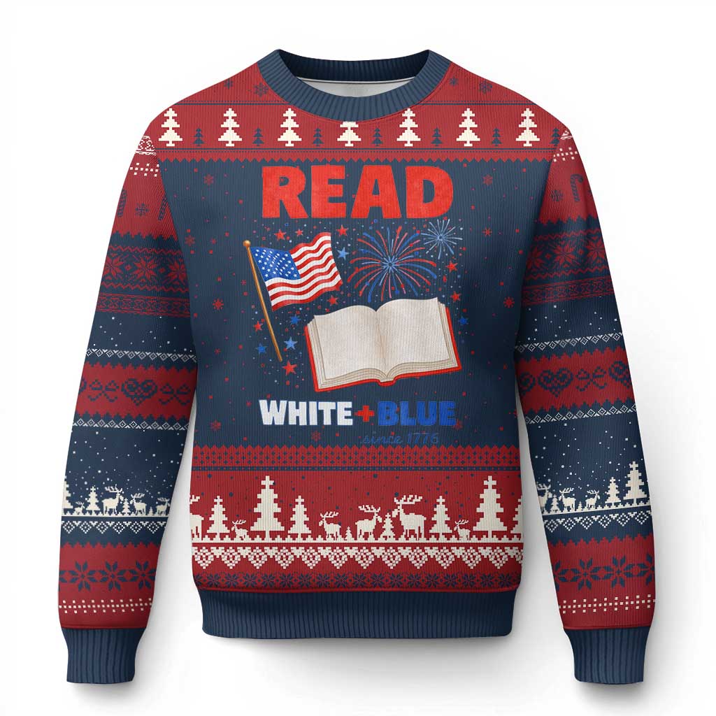 Patriotic Bookish 4th Of July Read White Blue Since 1776 Ugly Christmas Sweater