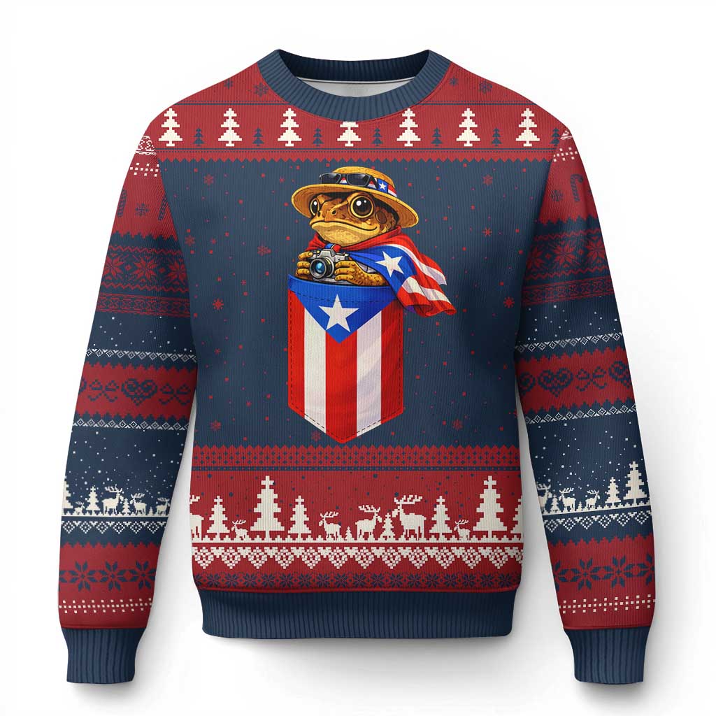 Funny Coqui Frog Puerto Rico Flag Ugly Christmas Sweater Puerto Rican Taino Buricua Borinquen