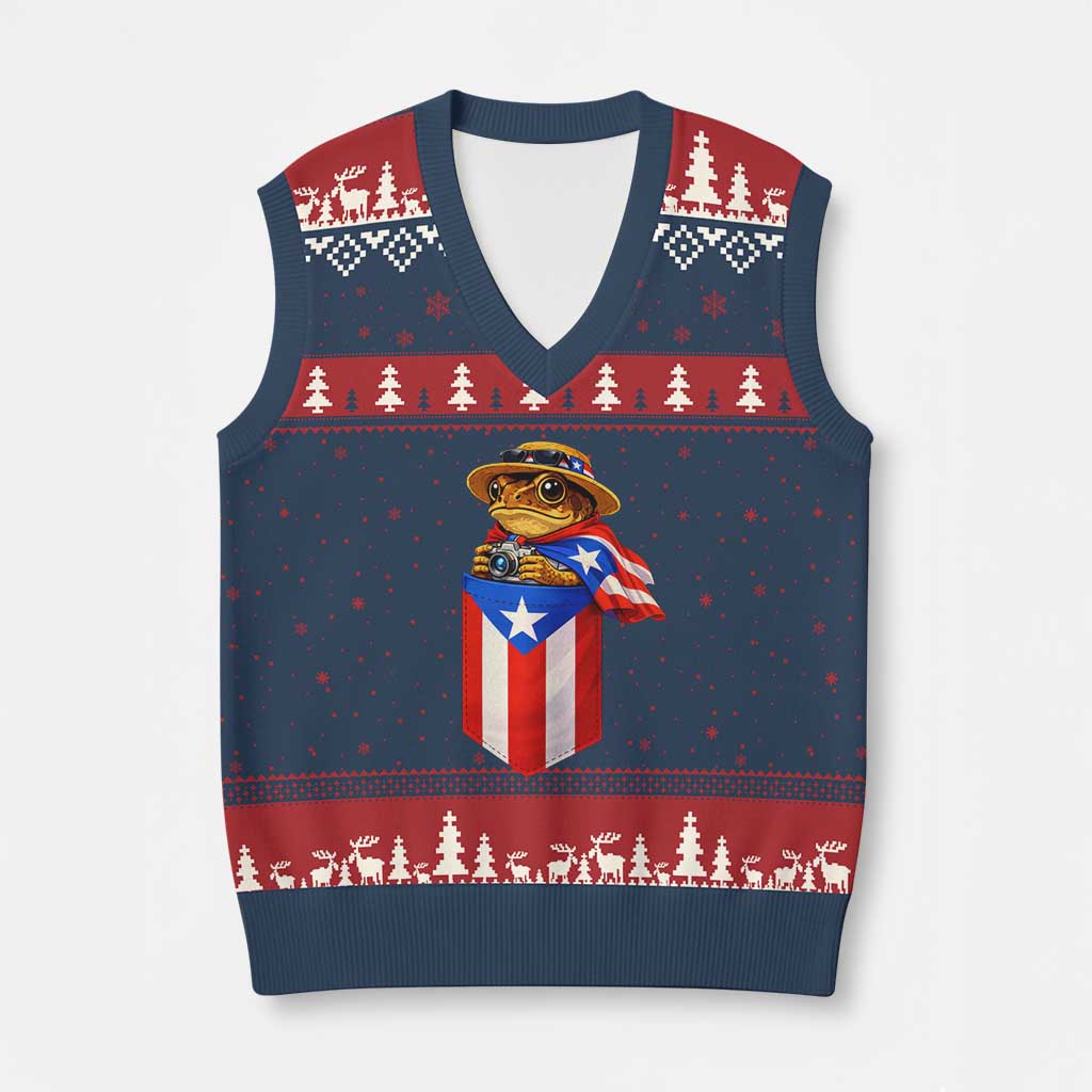 Funny Coqui Frog Puerto Rico Flag V-Neck Knit Sweater Vest Puerto Rican Taino Buricua Borinquen