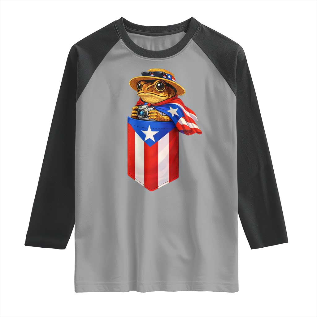 Funny Coqui Frog Puerto Rico Flag Raglan Shirt Puerto Rican Taino Buricua Borinquen