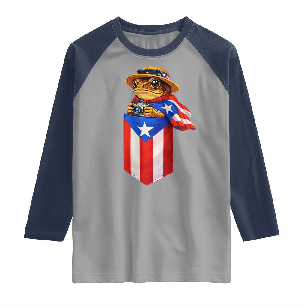 Funny Coqui Frog Puerto Rico Flag Raglan Shirt Puerto Rican Taino Buricua Borinquen