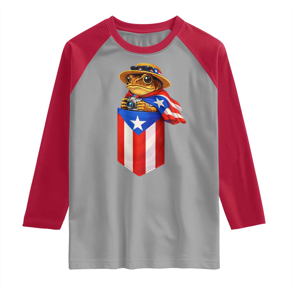 Funny Coqui Frog Puerto Rico Flag Raglan Shirt Puerto Rican Taino Buricua Borinquen