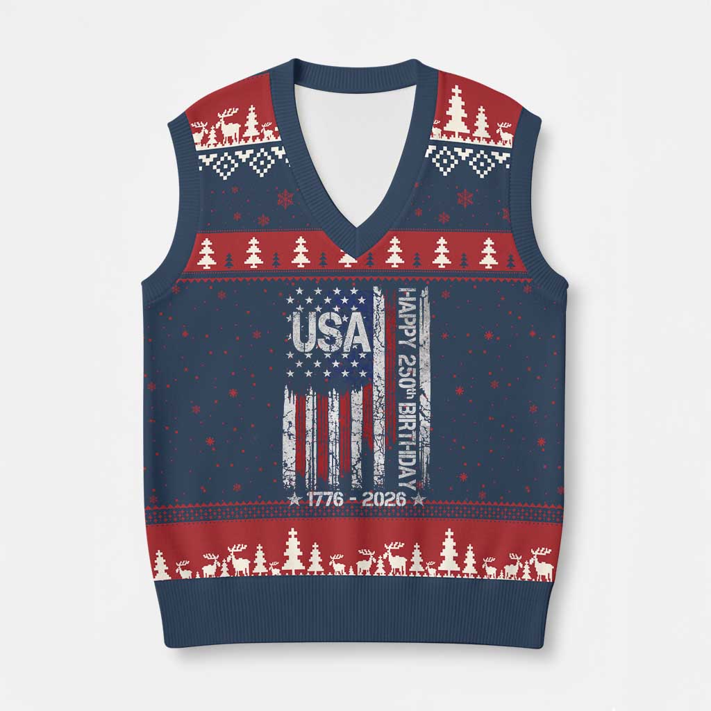 250 Years America Anniversary Flag V-Neck Knit Sweater Vest 4th of July Patriotic Independence Day
