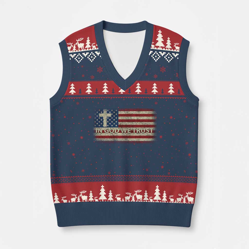 In God We Trust Christian US Flag V-Neck Knit Sweater Vest
