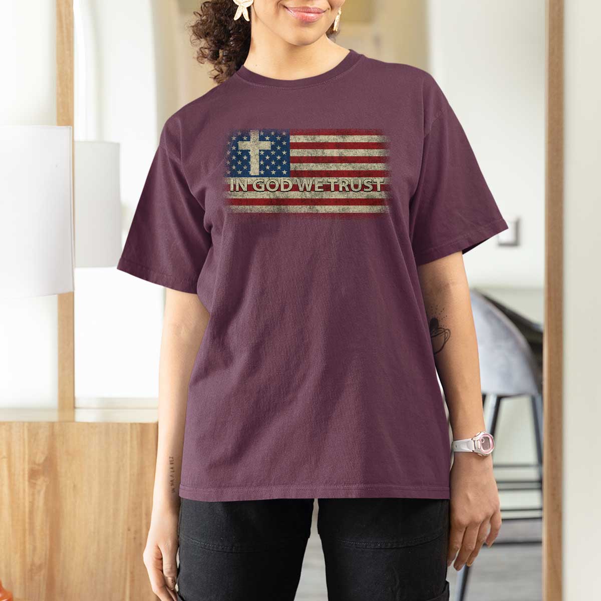 In God We Trust Christian US Flag T Shirt For Women