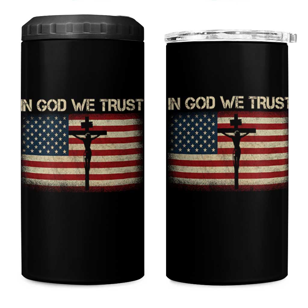 Christian USA Flag 4 in 1 Can Cooler Tumbler American Christ Faith Cross Patriotic In God We Trust