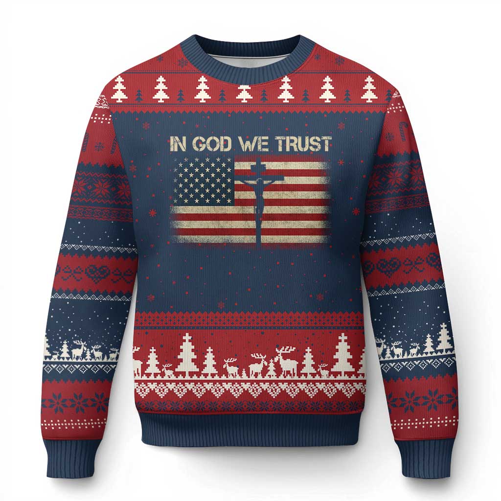 Christian USA Flag Ugly Christmas Sweater American Christ Faith Cross Patriotic In God We Trust