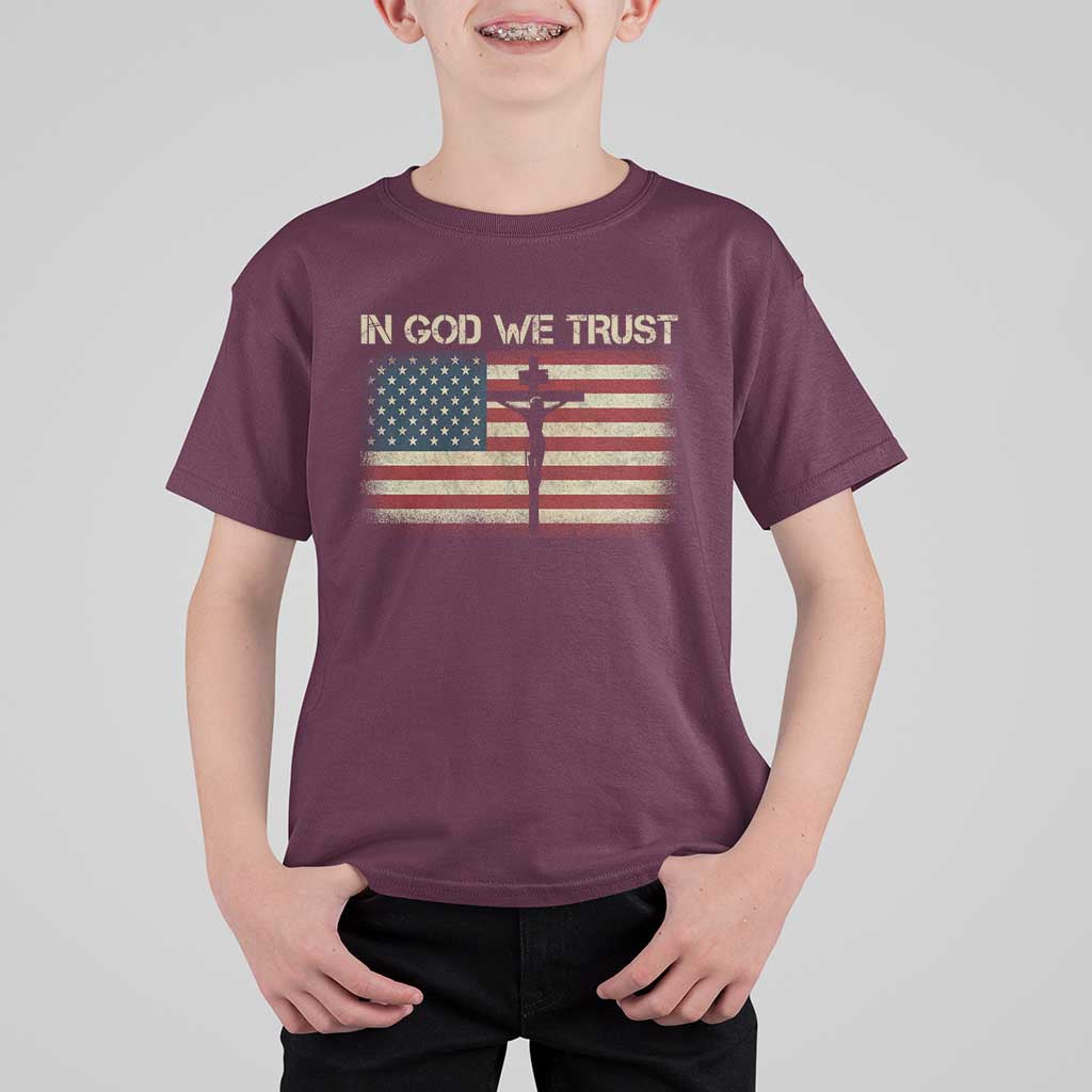 Christian USA Flag T Shirt For Kid American Christ Faith Cross Patriotic In God We Trust