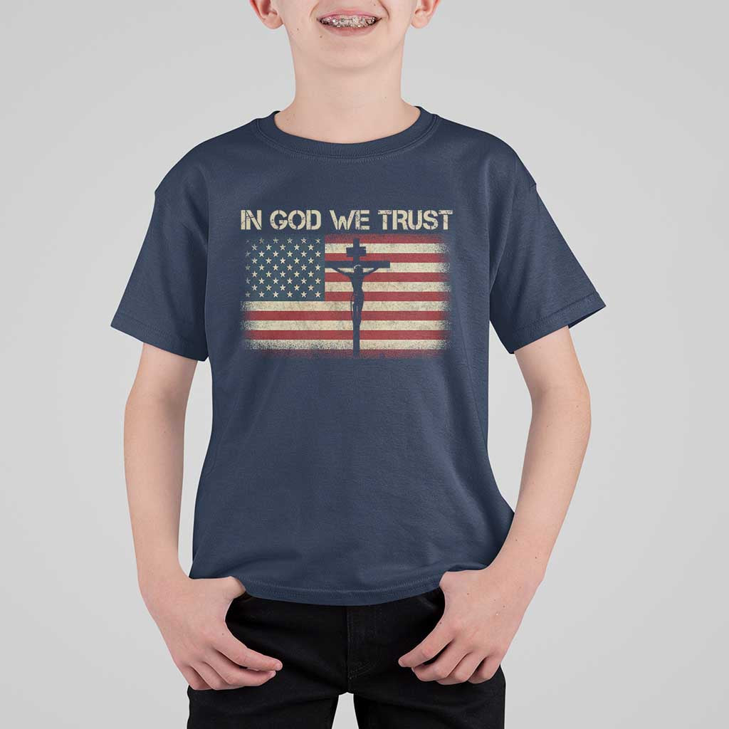 Christian USA Flag T Shirt For Kid American Christ Faith Cross Patriotic In God We Trust