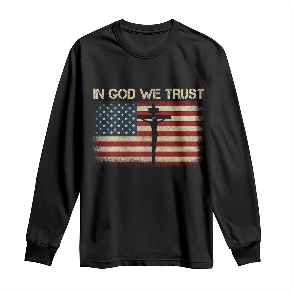 Christian USA Flag Long Sleeve Shirt American Christ Faith Cross Patriotic In God We Trust