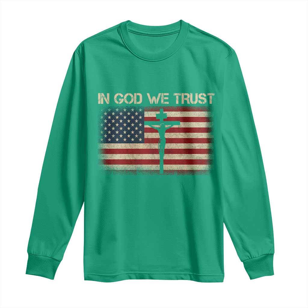 Christian USA Flag Long Sleeve Shirt American Christ Faith Cross Patriotic In God We Trust