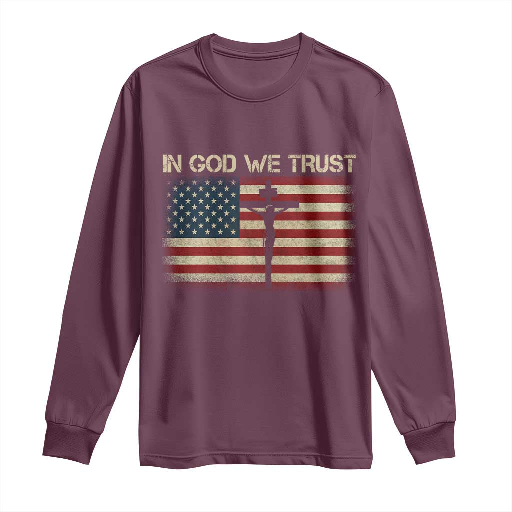 Christian USA Flag Long Sleeve Shirt American Christ Faith Cross Patriotic In God We Trust