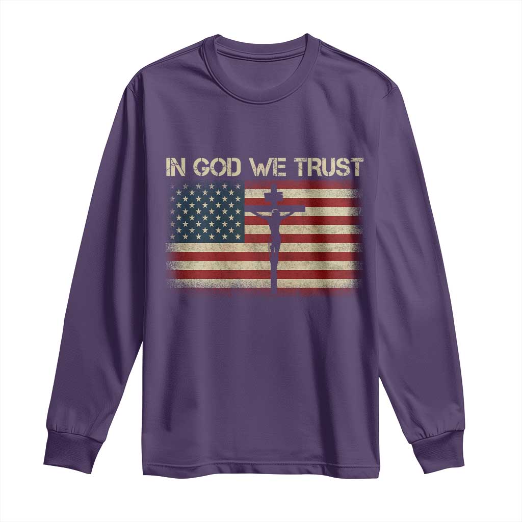 Christian USA Flag Long Sleeve Shirt American Christ Faith Cross Patriotic In God We Trust