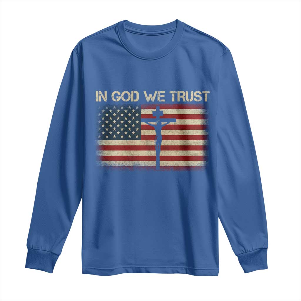 Christian USA Flag Long Sleeve Shirt American Christ Faith Cross Patriotic In God We Trust