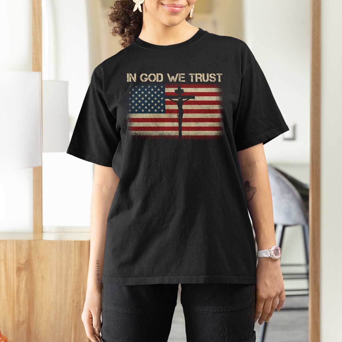 Christian USA Flag T Shirt For Women American Christ Faith Cross Patriotic In God We Trust
