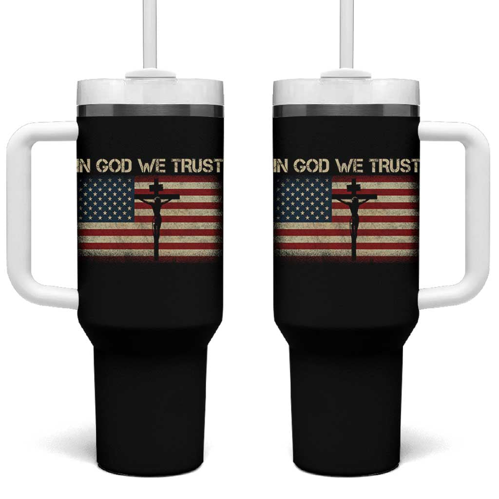 Christian USA Flag Tumbler With Handle American Christ Faith Cross Patriotic In God We Trust