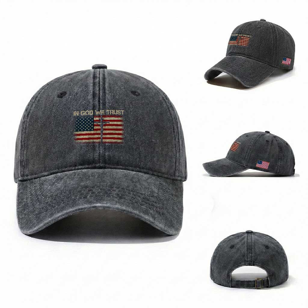 Christian USA Flag Washed Cotton Baseball Cap American Christ Faith Cross Patriotic In God We Trust