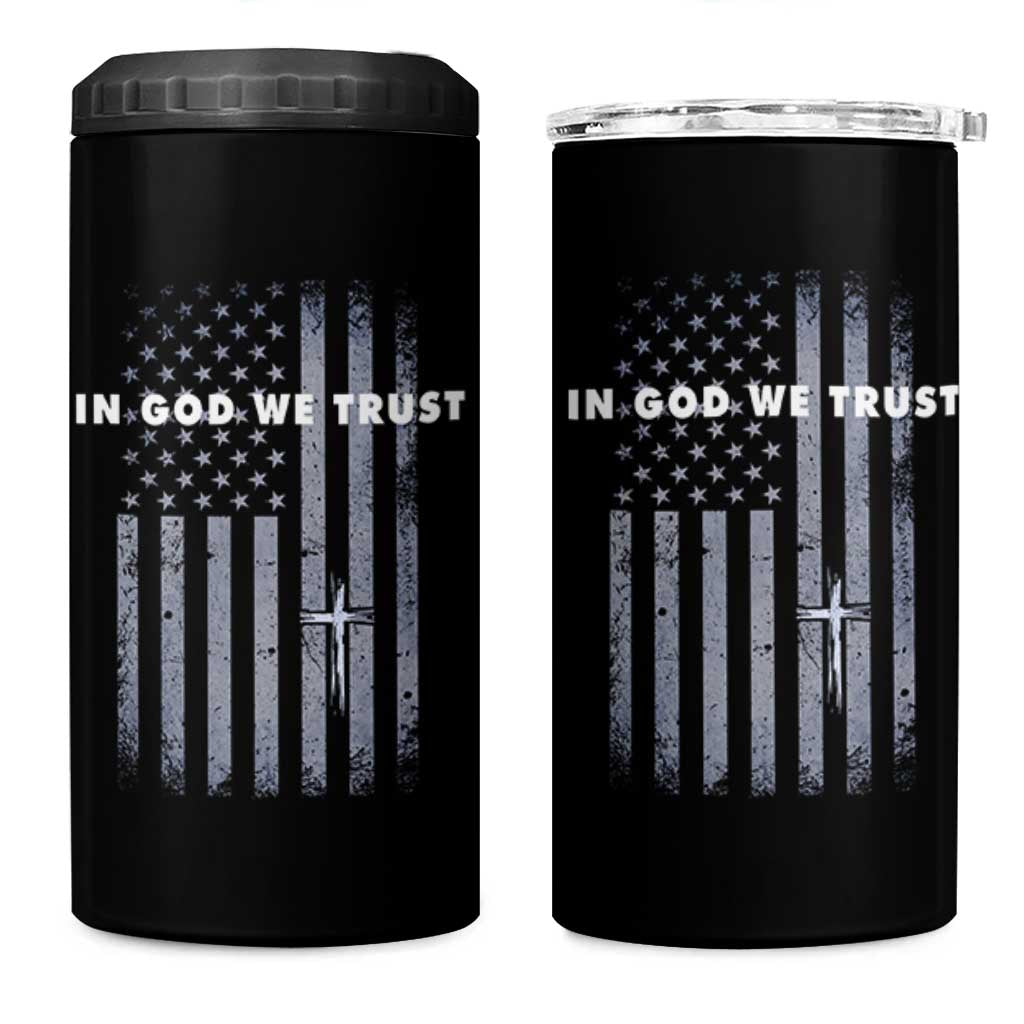 USA Flag Religious Quote 4 in 1 Can Cooler Tumbler In God We Trust American Patriotic Faith 4th of July Cross