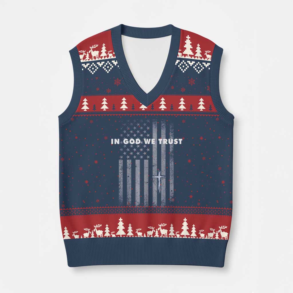 USA Flag Religious Quote V-Neck Knit Sweater Vest In God We Trust American Patriotic Faith 4th of July Cross
