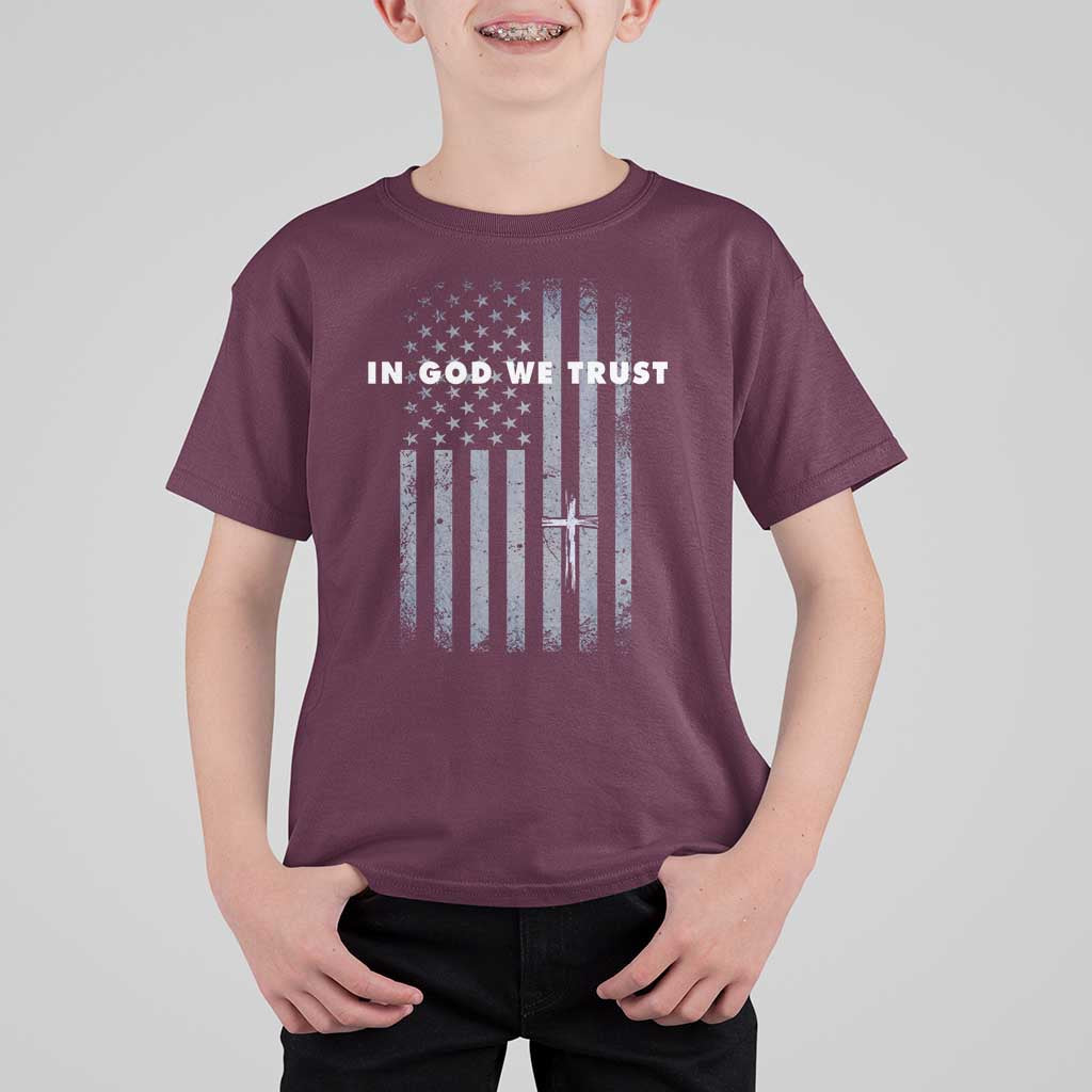 USA Flag Religious Quote T Shirt For Kid In God We Trust American Patriotic Faith 4th of July Cross